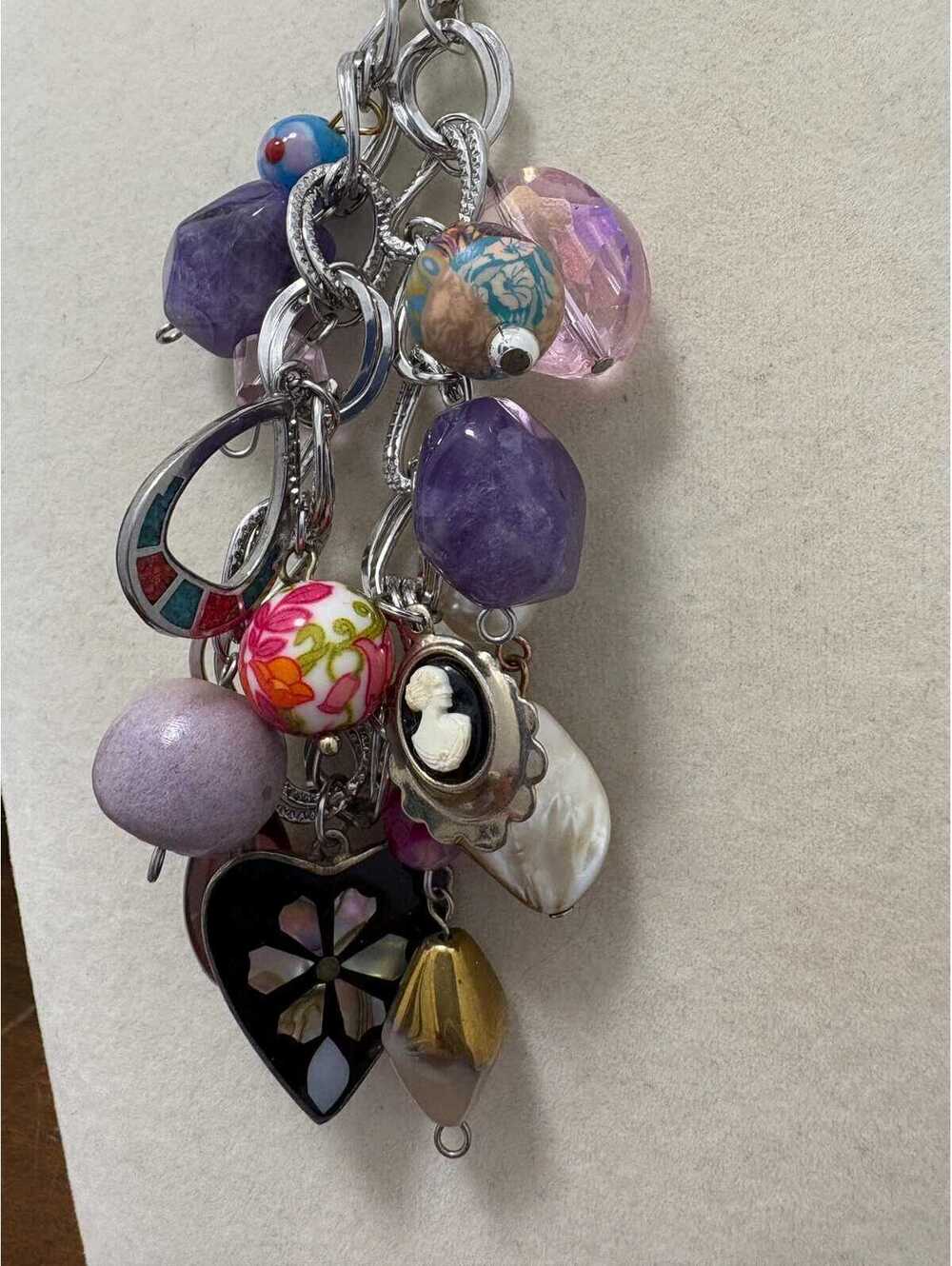 Unique Handmade Silver Tone Bobble Charm Bracelet w Alpaca Cameo Glass Shell 7.5